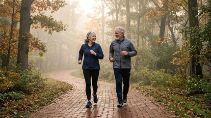 Obraz premium Elderly couple happily jogging together on a paved path in a misty autumn forest