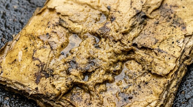Close up of old, wet, and deteriorated paper documents or maps submerged in dirty water on a dark background