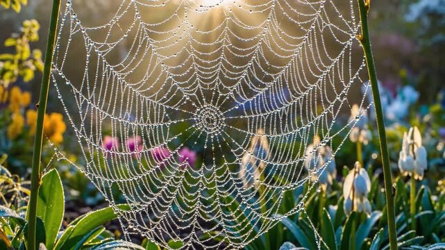 Intricate Spiderweb Drenched in Morning Dewdrops with Sunlight Glinting Off Water Droplets Amongst Garden Blossoms