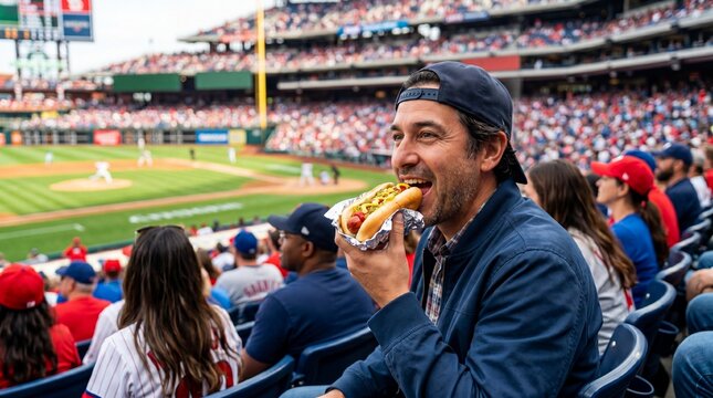 Man eating hot dog in baseball stadium. Fan watching sport match at ballpark during professional game. Entertainment, hobby, leisure, recreation and food experience concept