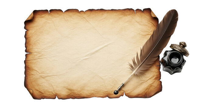 Antique parchment with feather quill and ink bottle isolated as a transparent PNG for writing, literature, history, vintage stationery, and classic design projects.