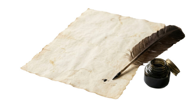 Old blank vintage parchment paper sheet with black feather quill pen and open inkwell on transparent background concept of historical correspondence and classic literature