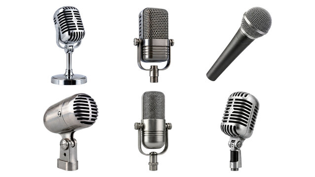 Six chrome and silver vintage and modern microphones arranged on a transparent background, showing various classic handheld, desk and broadcast styles