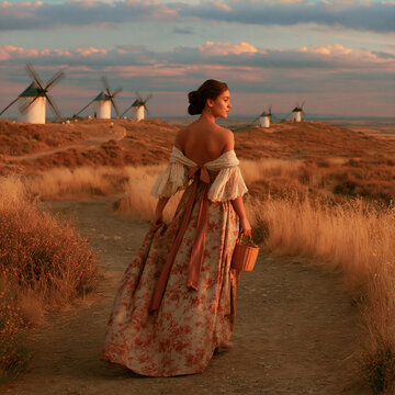 Woman walking on a path in La Mancha
