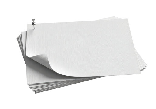 Stack of blank white textured paper sheets with curled edge pinned with metal push pin on transparent background concept of office stationery and creative template