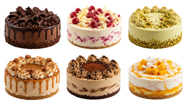 Six whole decorated round cakes in assorted flavors including chocolate, raspberry, pistachio, caramel, mocha and mango on a transparent background