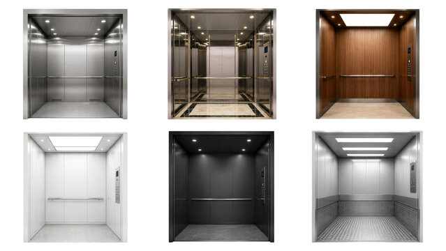 Six modern elevator interiors arranged in a grid showing stainless steel, wood and white cabins with varied lighting, handrails, control panels and flooring