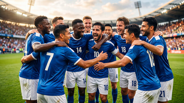 Soccer player group celebrating a goal on the field. Multiracial team of man hugging each other in excitement. Professional football match championship win and athletic sports success concept