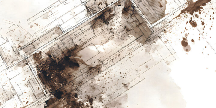Architectural sketch with ink lines and watercolor stains depicting a modern building layout