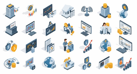 Fototapeta premium Isometric icons representing business, finance, and technology concepts with a modern, clean design.