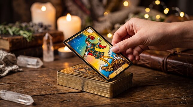 Woman fortune teller holding The Fool tarot card. Esoteric practice with deck of cards on wooden table with burning candles. Mystic ritual, spiritual divination and astrology concept