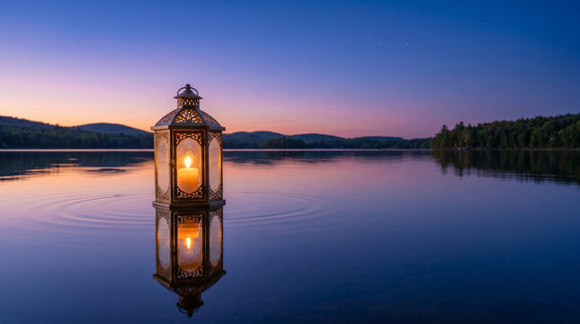 Glowing Lantern Floating on a Calm Lake at Dusk