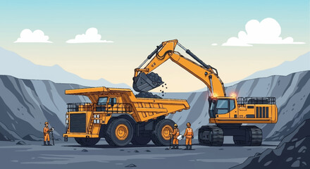 Heavy machinery including a large yellow dump truck and an excavator working in a mine. © croc