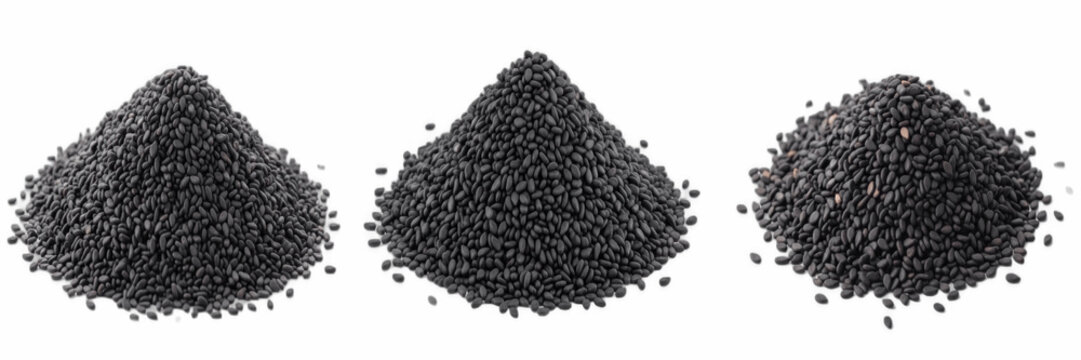 Three Heaps of Black Sesame Seeds PNG Isolated on White Background - Premium Raw Organic Nigella Sativa, Kalonji, and Black Cumin Spices for Healthy Cooking, Food Asset, High-Resolution Transparent Gr
