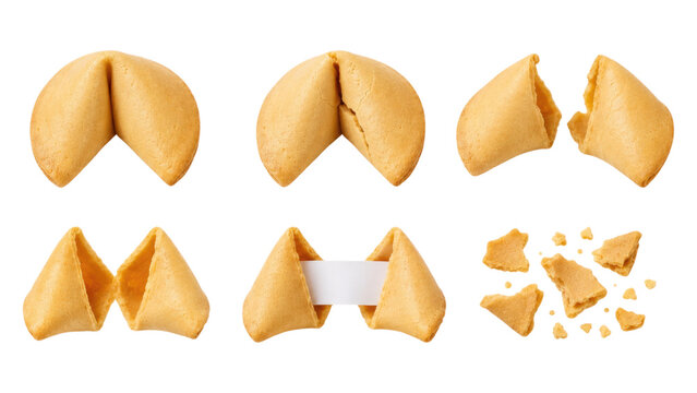 Six fortune cookie variations: whole, cracked, opened with a blank slip and scattered crumbs on a transparent background