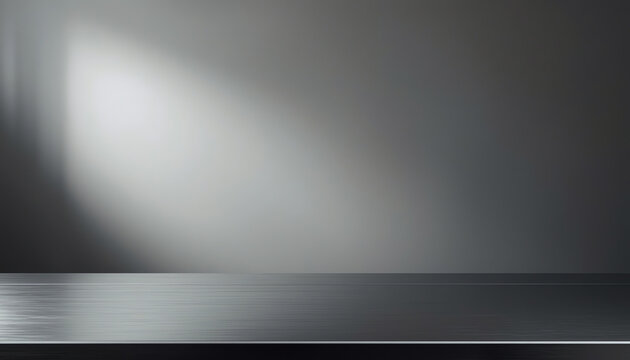 Silver steel countertop, empty shelf. Kitchen counter on gray background with spot light. Bar desk surface in foreground 