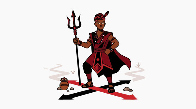 Exu Orix&aacute; Crossroads Communication Trident Red Black, Afro-Brazilian Candombl&eacute; Flat Illustration Vector