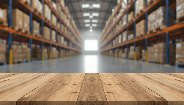 Wooden board empty table in front of blurred background. Perspective inside of warehouse with aisle pallet on high shelf can be used for display
