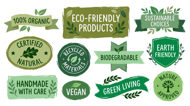 Collection of green eco-friendly product labels for sustainable living and organic choices natural designs