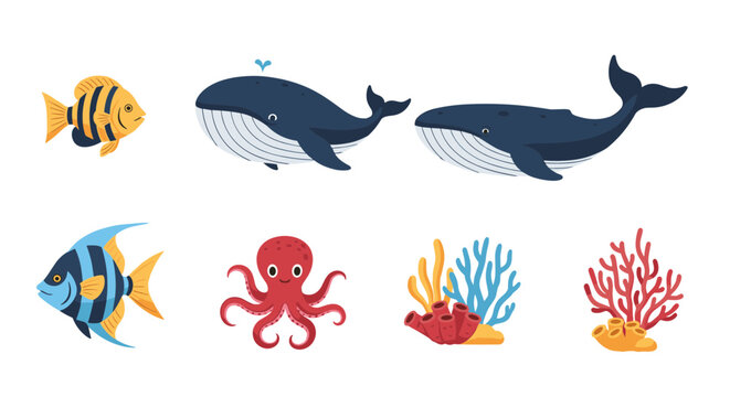 Cute cartoon underwater sea life collection with whales octopus fish and coral reefs