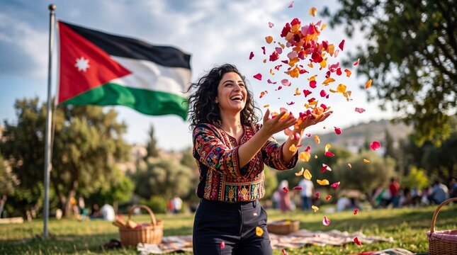 Jordanian woman throwing flower petals in park during Independence Day celebration. Happy girl celebrating national holiday with flag in background. Patriotism and joyful culture concept