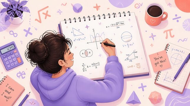 Joyful student diligently sketching complex mathematical formulas and geometric shapes for academic success
