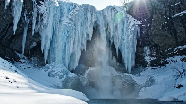 Majestic frozen waterfall with icicles hanging from rocky cliffs, surrounded by snow in winter nature
