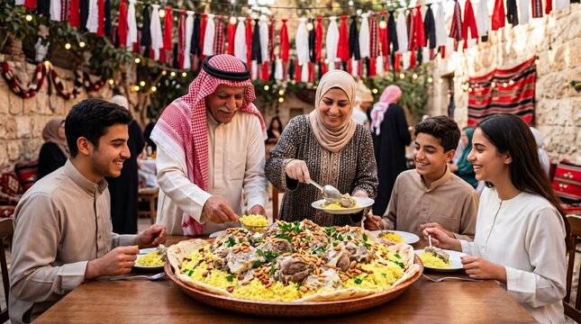 Jordanian family celebrating Independence Day by sharing traditional mansaf dish. Arab parents and children eating together at festive table with national decoration. Cultural heritage