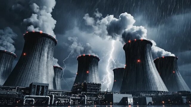 Massive industrial power plant cooling towers emitting steam amidst a fierce lightning storm and heavy rain