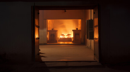 Fototapeta premium Respectful Hindu cremation ceremony scene at night, viewed from a distance through an open architectural doorway, warm orange ceremonial fire glowing inside a simple crematorium or