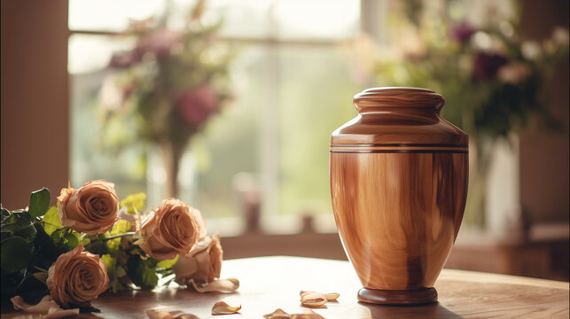 Elegant wooden cremation urn placed on a polished table near a window, surrounded by fresh roses and soft flower arrangements, peaceful memorial and remembrance atmosphere, warm na