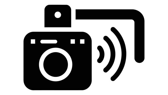 A black silhouette icon of a smart dash cam featuring a camera lens and wireless signal waves, representing vehicle moni