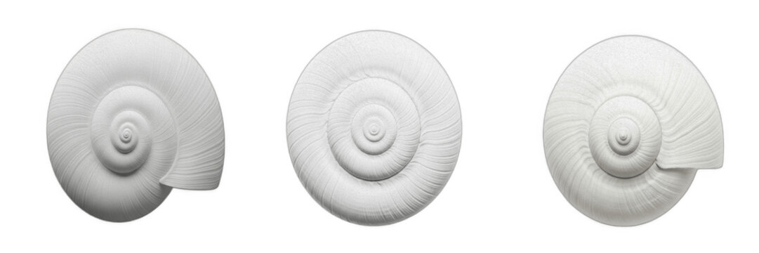 Set of white seashell spiraled ammonite snail shell marine fossil nature design object isolated on white background stock photo collection set