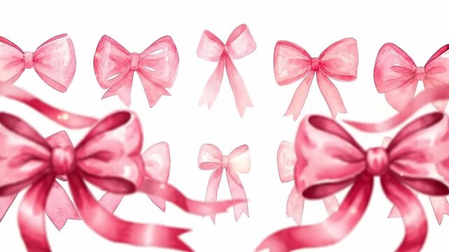 Elegant pink watercolor bows cascade across a clean white background
