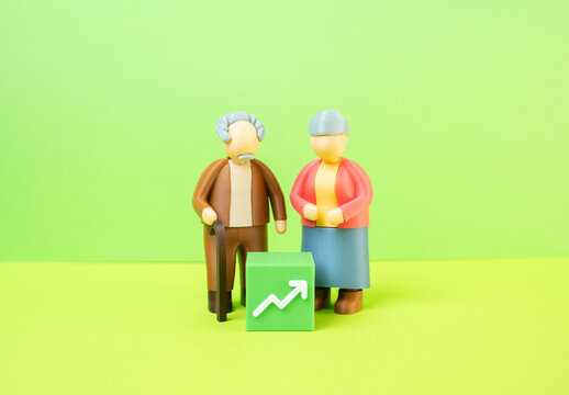 Older people and the growth arrow. Improving quality of life and financial health. Increased aging population in society.