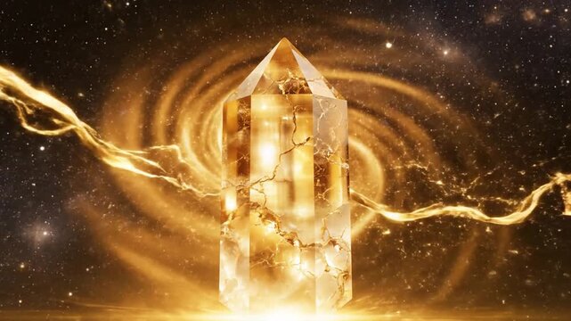 Golden Citrine Crystal Point Illuminated in Cosmic Galaxy Swirl