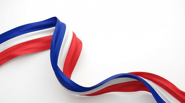 French flag tricolor decorative ribbon curling across white background with copy space