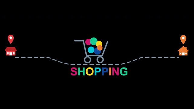 Looping 2D motion graphic of an online shopping delivery route from store to home with bouncing colorful items in a cart, transparent background, 4k
