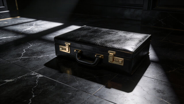 Black leather briefcase with combination locks on marble floor, suggesting business and security.