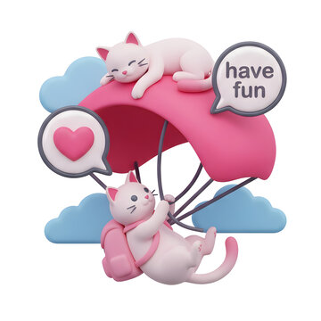 Cute 3D cat with backpack parachuting with clouds and speech bubbles