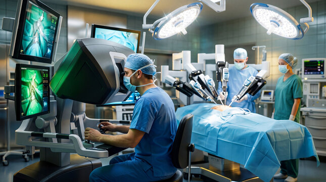 Surgeon using robotic medical console for surgery. Man operating surgical machine from remote station with woman nurse assistant in hospital room. Future technology in modern healthcare