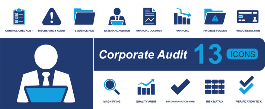 Corporate audit icon set. Containing control checklist, discrepancy alert, evidence file, external auditor, fraud detection, risk matrix, verification tick, quality audit and more.