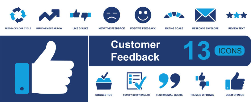 Customer feedback icon set. Containing feedback loop, growth arrow, like dislike, positive feedback, negative feedback, rating scale, survey, testimonial and more. Solid fill vector icons.