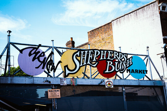 New Shepherd's Bush Market (&pound;100+ Million Redevelopment By Yoo Capital) Entrance Sign, Uxbridge Road In West London, England, United Kingdom - June 2026