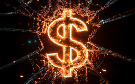 Dollar symbol glows bright orange within cracked glass texture. Fiery light flares from shattered fragments. Dark abstract background with sparkling particles