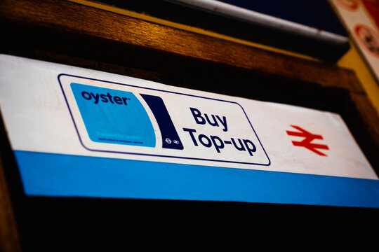 London Underground Station Oyster Card Buy, Top-Up Facility, British National Rail Double Arrow Symbol, London, England, UK - June 2026