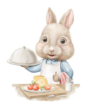Easter cartoon cute Chef cook bunny rabbit boy in blue shirt holds food tray cloche and stands nearby cutting board with vegetables. Watercolor and pencil hand drawn illustration sketch