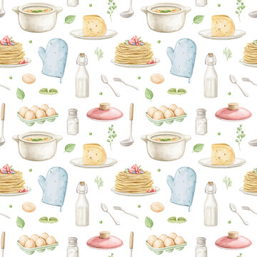 Seamless pattern set with variety of food in kitchen ready-made meals, cooking ingredients and products isolated on white background . Watercolor hand drawn illustration sketch