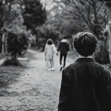 Lone young man walks behind a couple holding hands on a tree lined path in black and white, evoking solitude and quiet longing