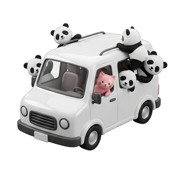 Cute Pandas and Pink Cat in a White Van